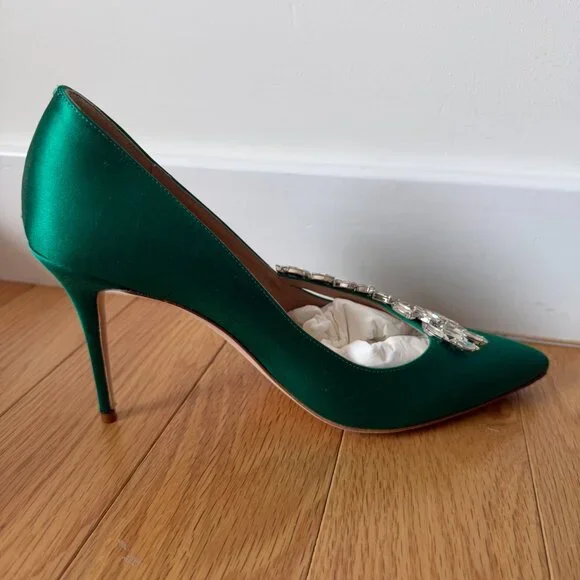 Nadira Green Satin Jewel Buckle Pumps - Picture 7 of 9
